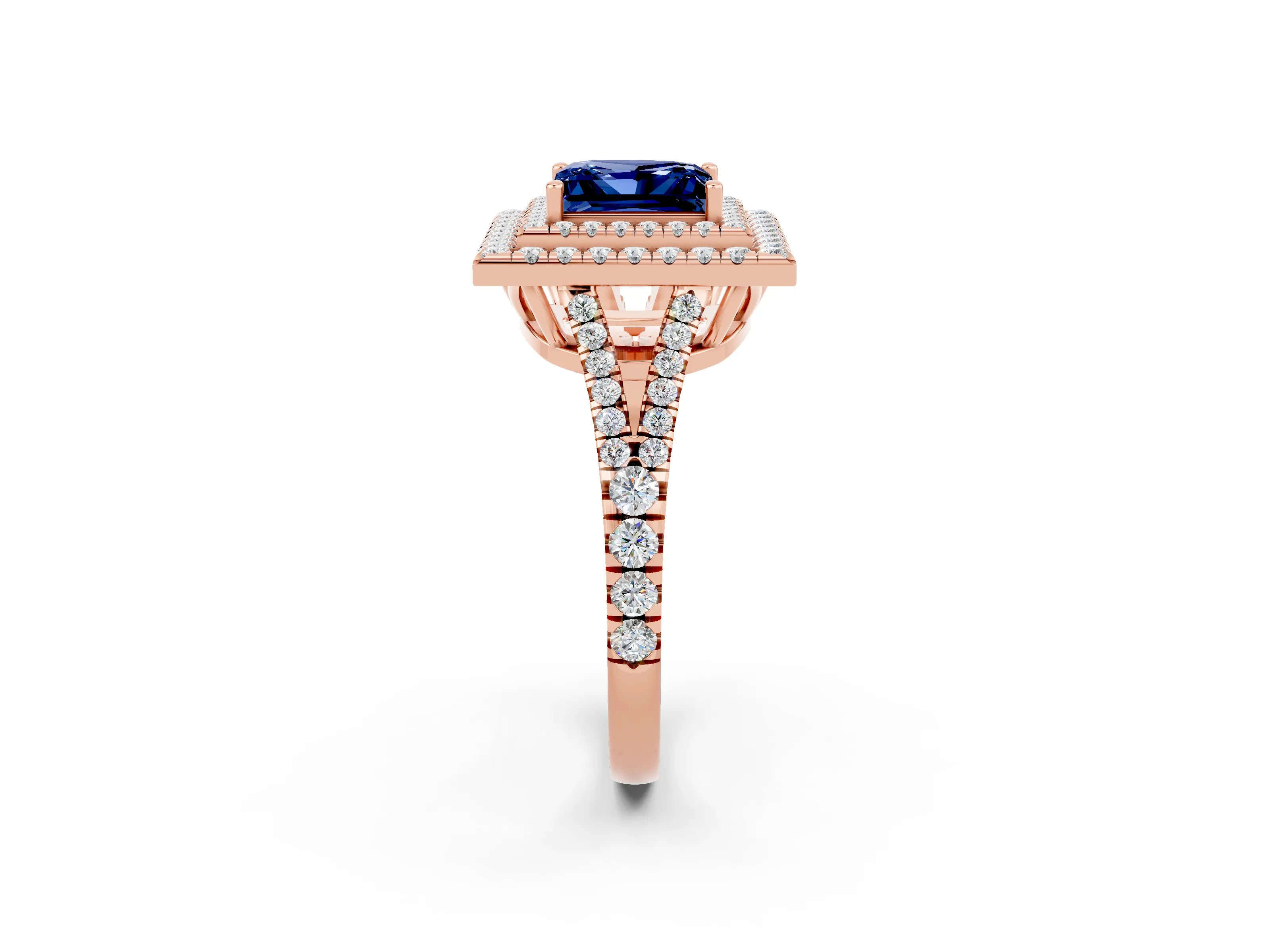 Rose gold Princess Cut Blue Sapphire Double Halo Ring with Pavé Band and Prong Setting_14