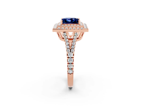 Rose gold Princess Cut Blue Sapphire Double Halo Ring with Pavé Band and Prong Setting