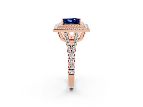 Rose gold Princess Cut Blue Sapphire Double Halo Ring with Pavé Band and Prong Setting_14