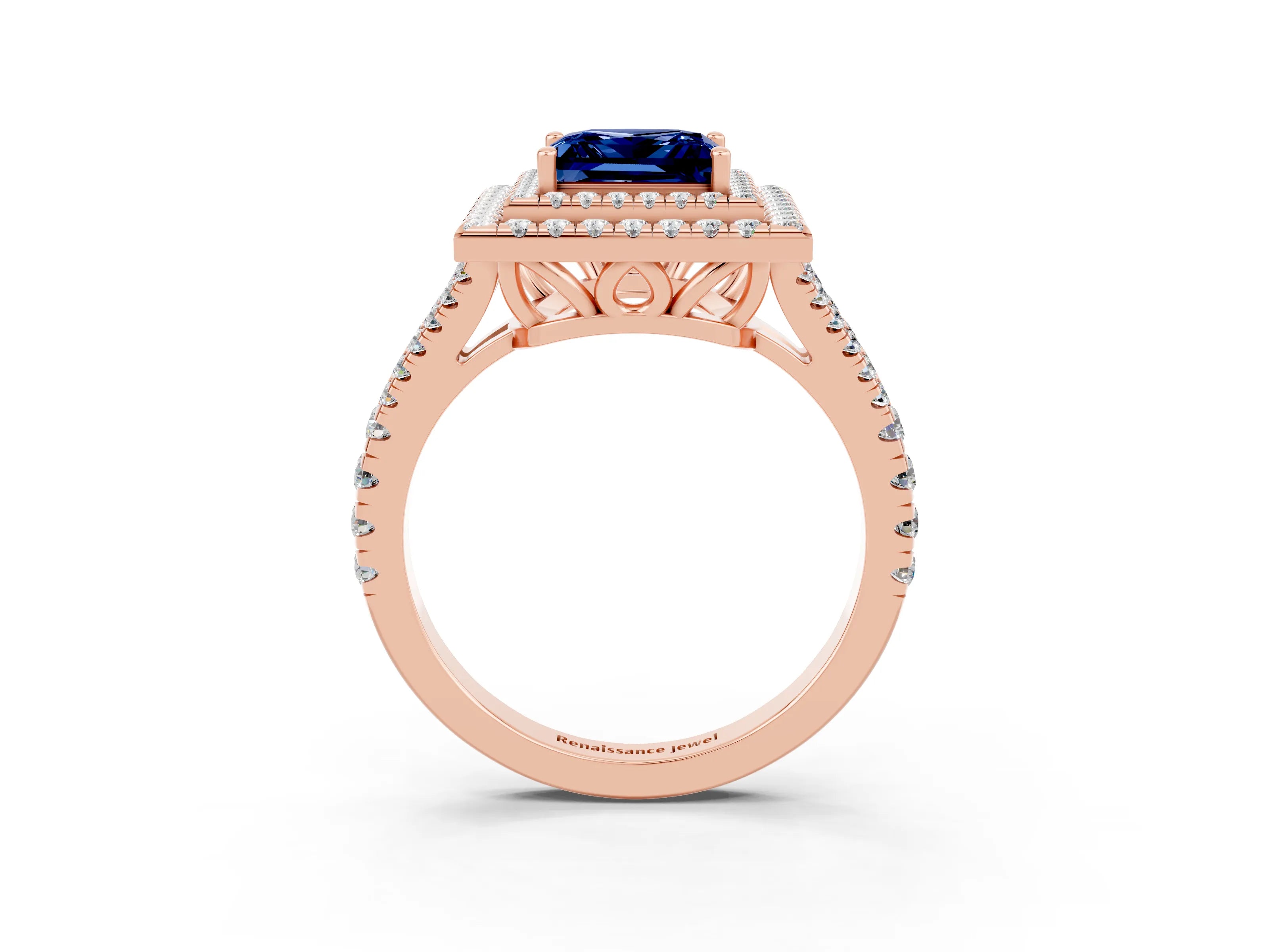 Rose gold Princess Cut Blue Sapphire Double Halo Ring with Pavé Band and Prong Setting_15
