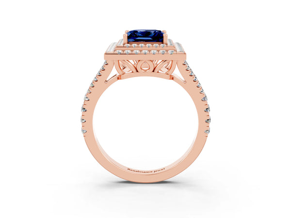 Rose gold Princess Cut Blue Sapphire Double Halo Ring with Pavé Band and Prong Setting