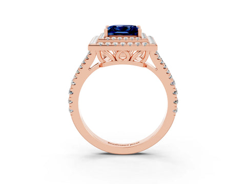 Rose gold Princess Cut Blue Sapphire Double Halo Ring with Pavé Band and Prong Setting_15