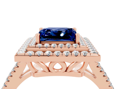Rose gold Princess Cut Blue Sapphire Double Halo Ring with Pavé Band and Prong Setting_16