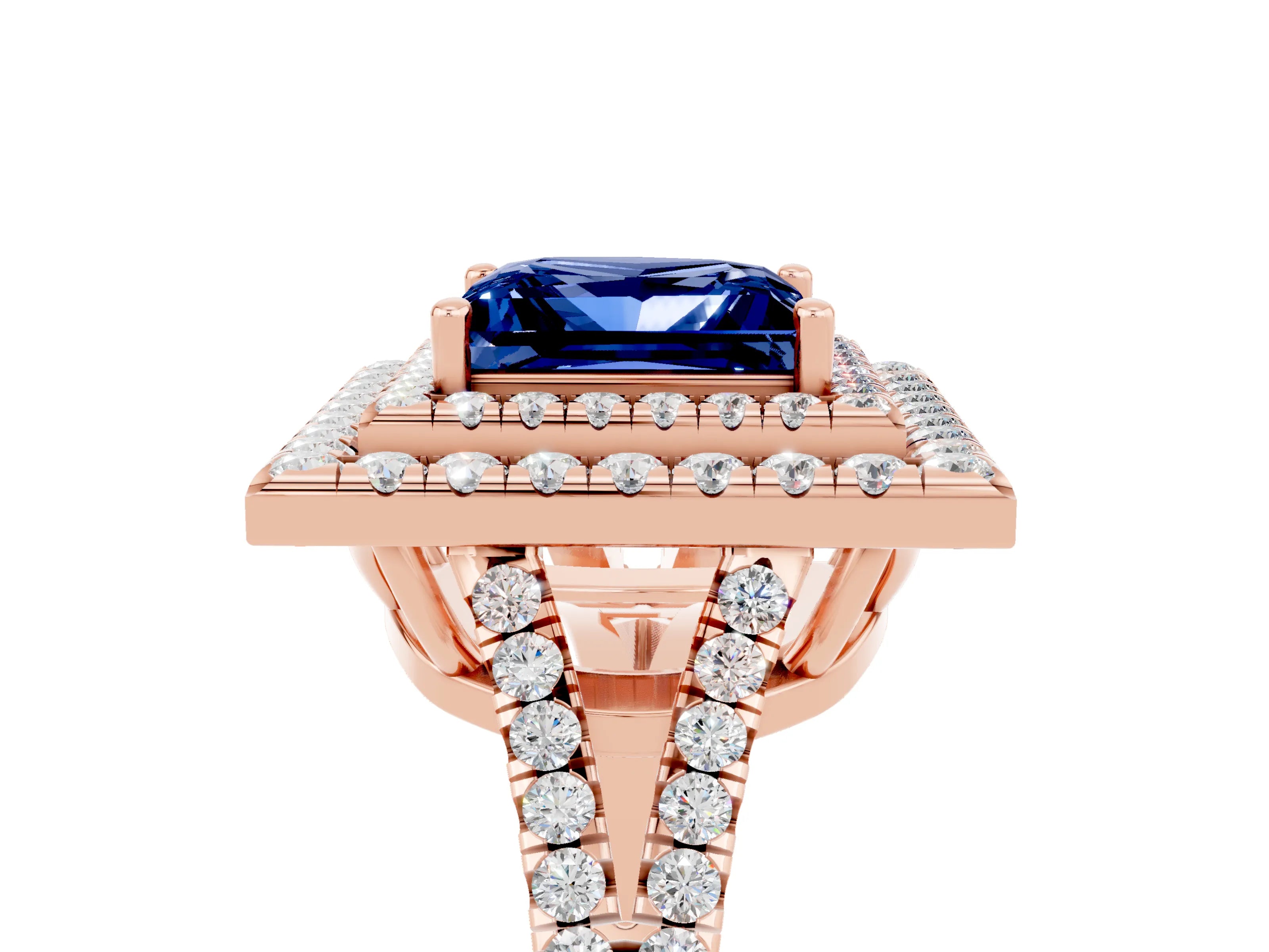 Rose gold Princess Cut Blue Sapphire Double Halo Ring with Pavé Band and Prong Setting_17