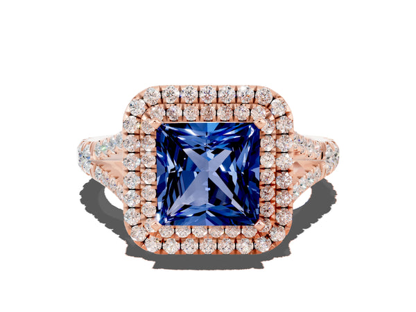 Rose gold Princess Cut Blue Sapphire Double Halo Ring with Split Shank and Prong Setting