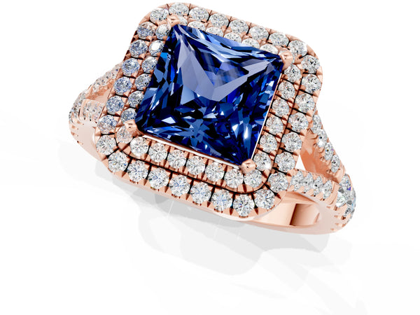 Rose gold Princess Cut Blue Sapphire Double Halo Ring with Split Shank and Prong Setting