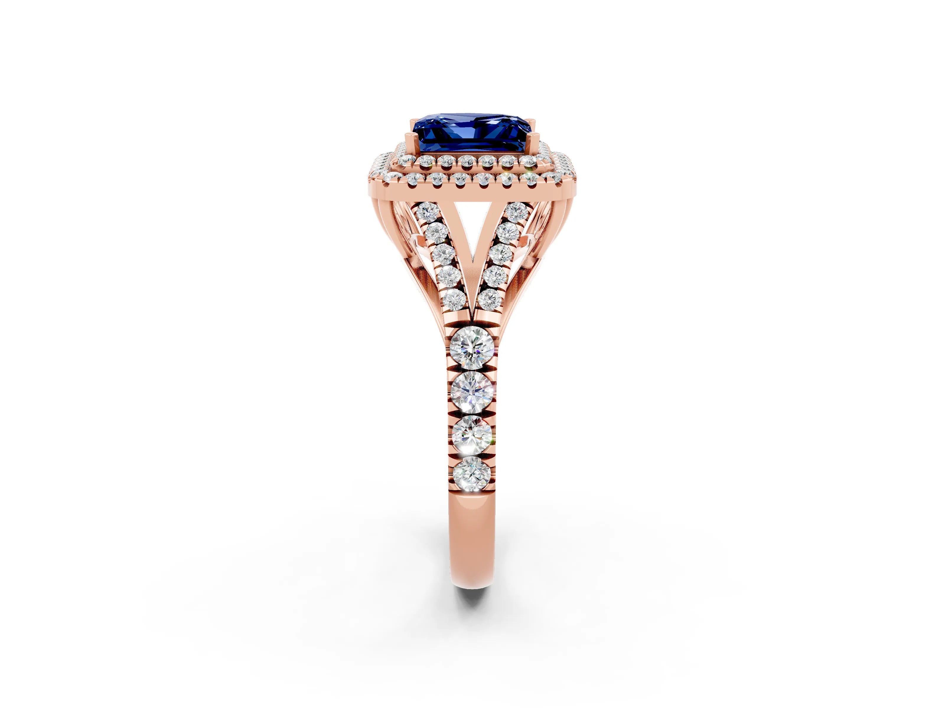 Rose gold Princess Cut Blue Sapphire Double Halo Ring with Split Shank and Prong Setting_14