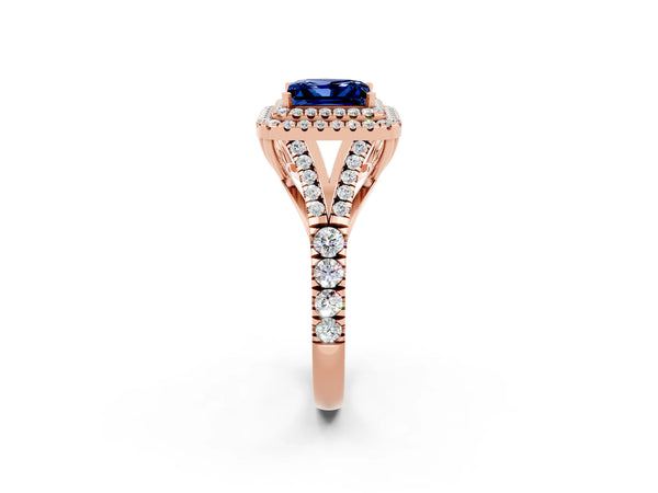 Rose gold Princess Cut Blue Sapphire Double Halo Ring with Split Shank and Prong Setting