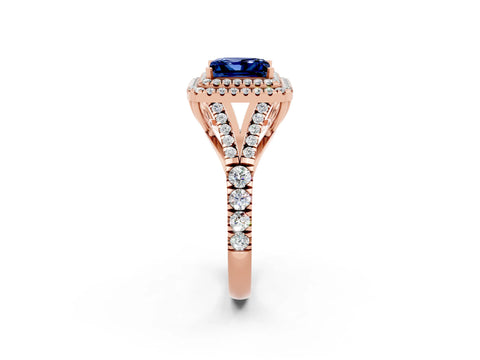 Rose gold Princess Cut Blue Sapphire Double Halo Ring with Split Shank and Prong Setting_14