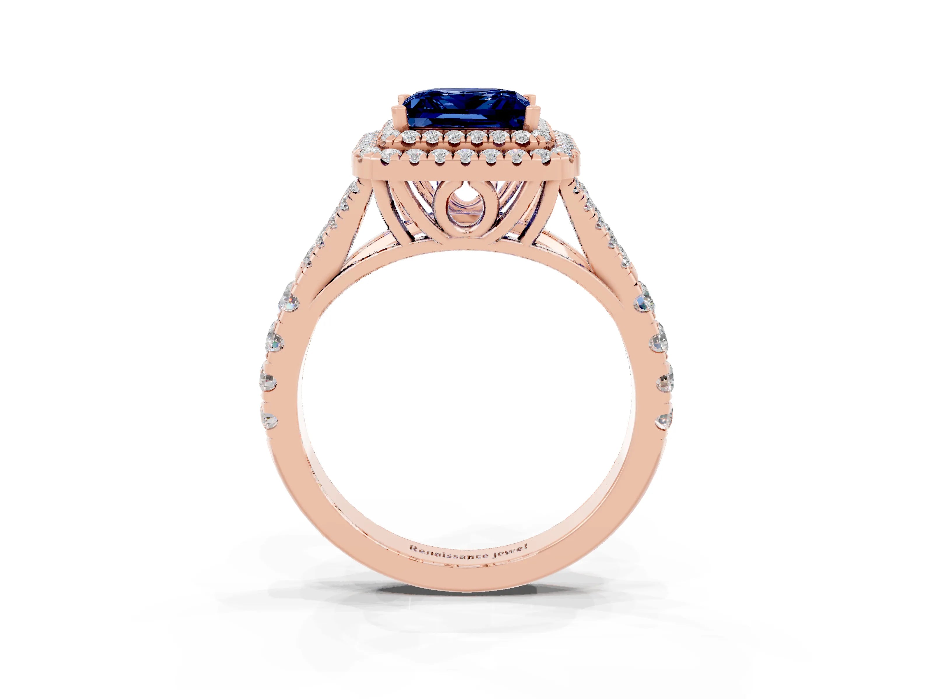Rose gold Princess Cut Blue Sapphire Double Halo Ring with Split Shank and Prong Setting_15