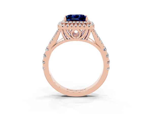 Rose gold Princess Cut Blue Sapphire Double Halo Ring with Split Shank and Prong Setting