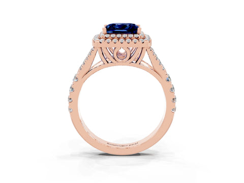 Rose gold Princess Cut Blue Sapphire Double Halo Ring with Split Shank and Prong Setting_15