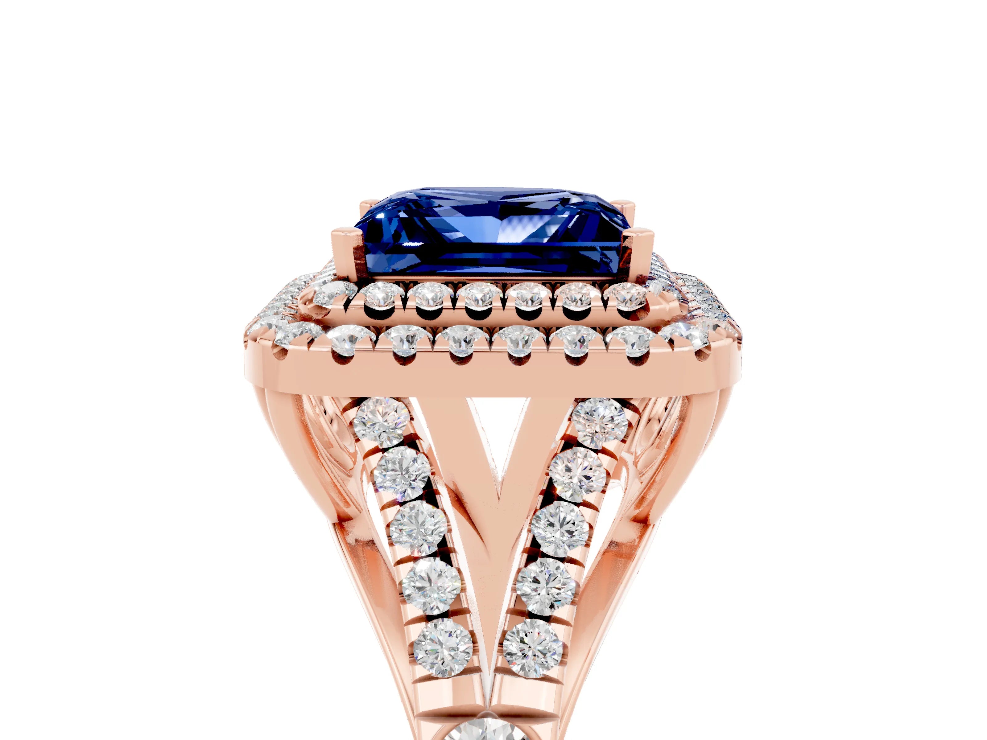 Rose gold Princess Cut Blue Sapphire Double Halo Ring with Split Shank and Prong Setting_17