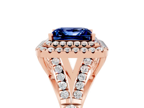 Rose gold Princess Cut Blue Sapphire Double Halo Ring with Split Shank and Prong Setting_17