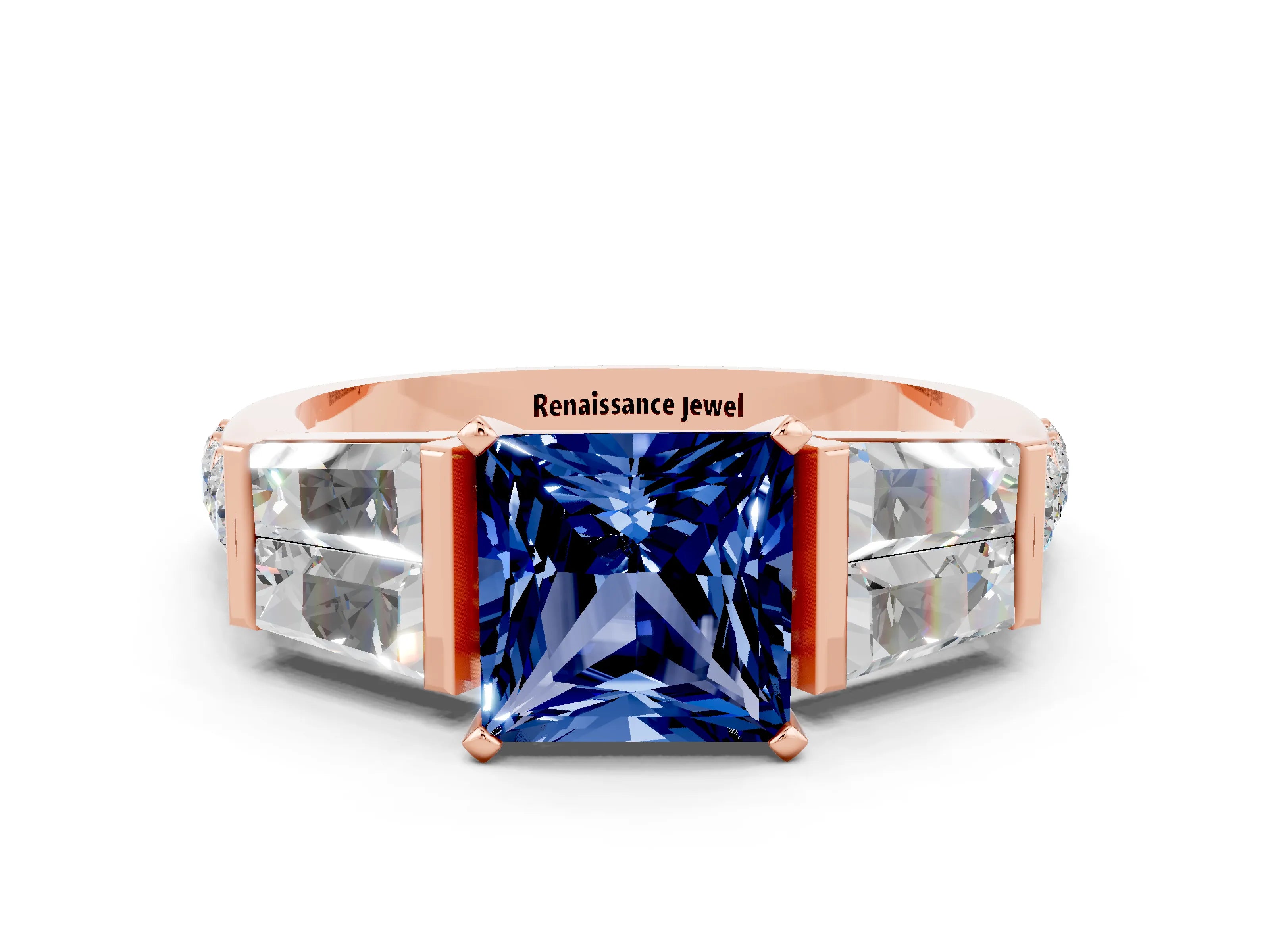 Rose gold Princess Cut Blue Sapphire Engagement Ring with Baguette Side Stones and Channel Set Band