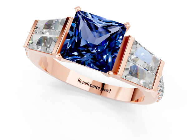 Rose gold Princess Cut Blue Sapphire Engagement Ring with Baguette Side Stones and Channel Set Band