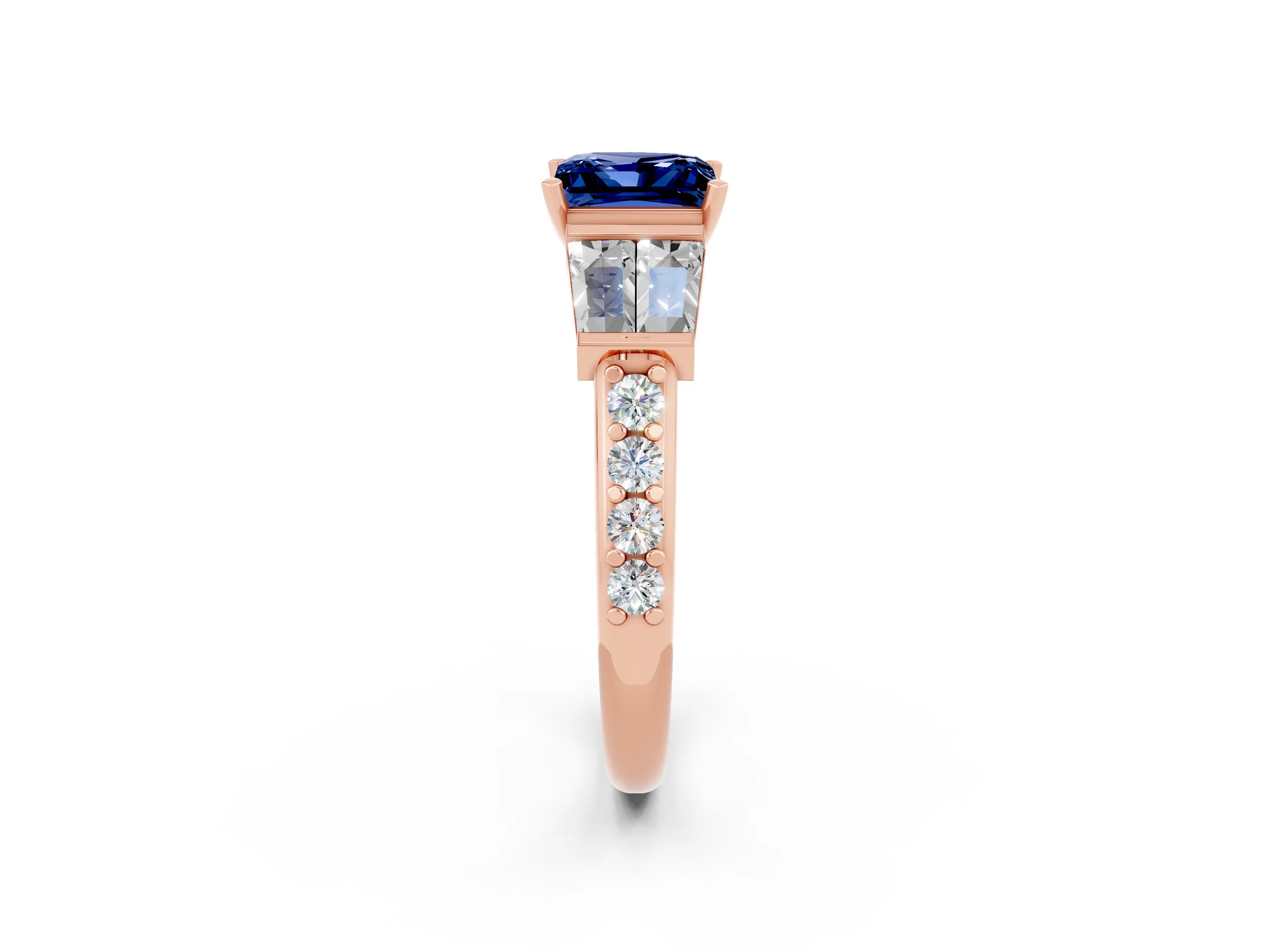 Rose gold Princess Cut Blue Sapphire Engagement Ring with Baguette Side Stones and Channel Set Band_2