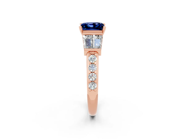 Rose gold Princess Cut Blue Sapphire Engagement Ring with Baguette Side Stones and Channel Set Band