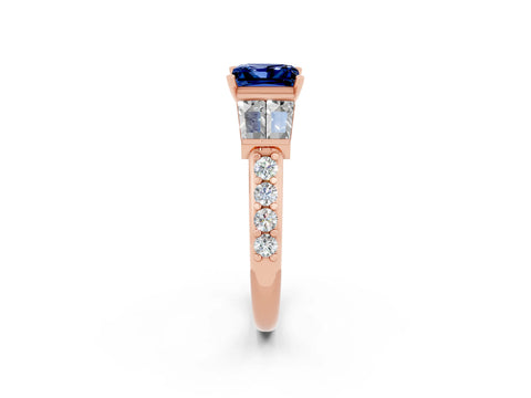 Rose gold Princess Cut Blue Sapphire Engagement Ring with Baguette Side Stones and Channel Set Band_2