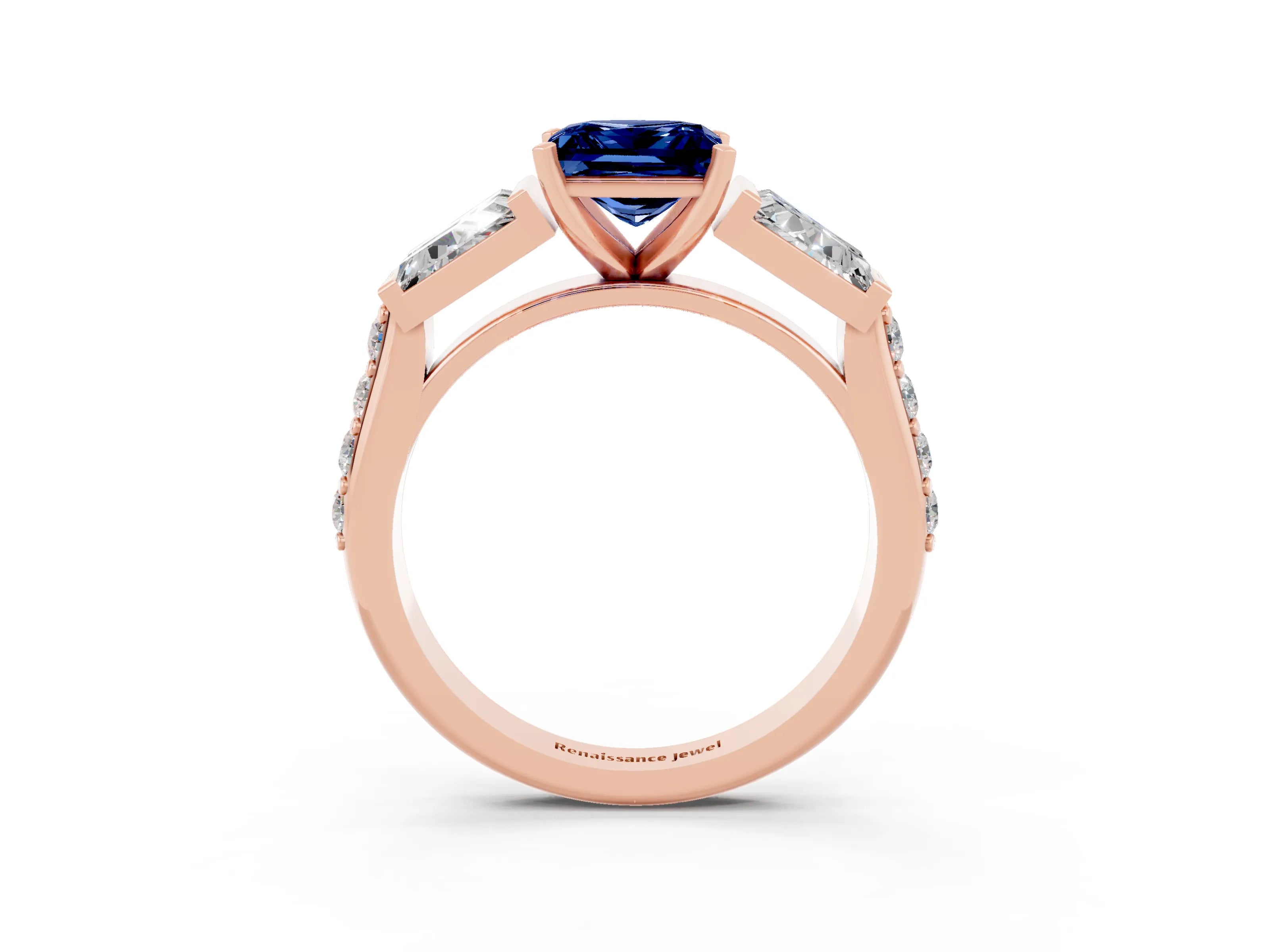 Rose gold Princess Cut Blue Sapphire Engagement Ring with Baguette Side Stones and Channel Set Band_3