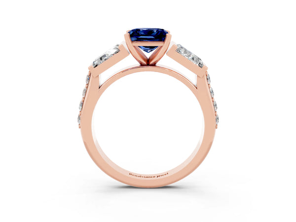 Rose gold Princess Cut Blue Sapphire Engagement Ring with Baguette Side Stones and Channel Set Band