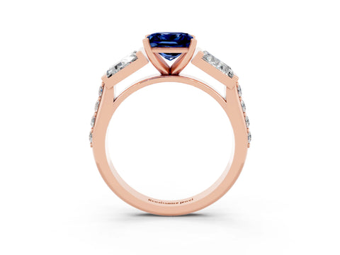 Rose gold Princess Cut Blue Sapphire Engagement Ring with Baguette Side Stones and Channel Set Band_3