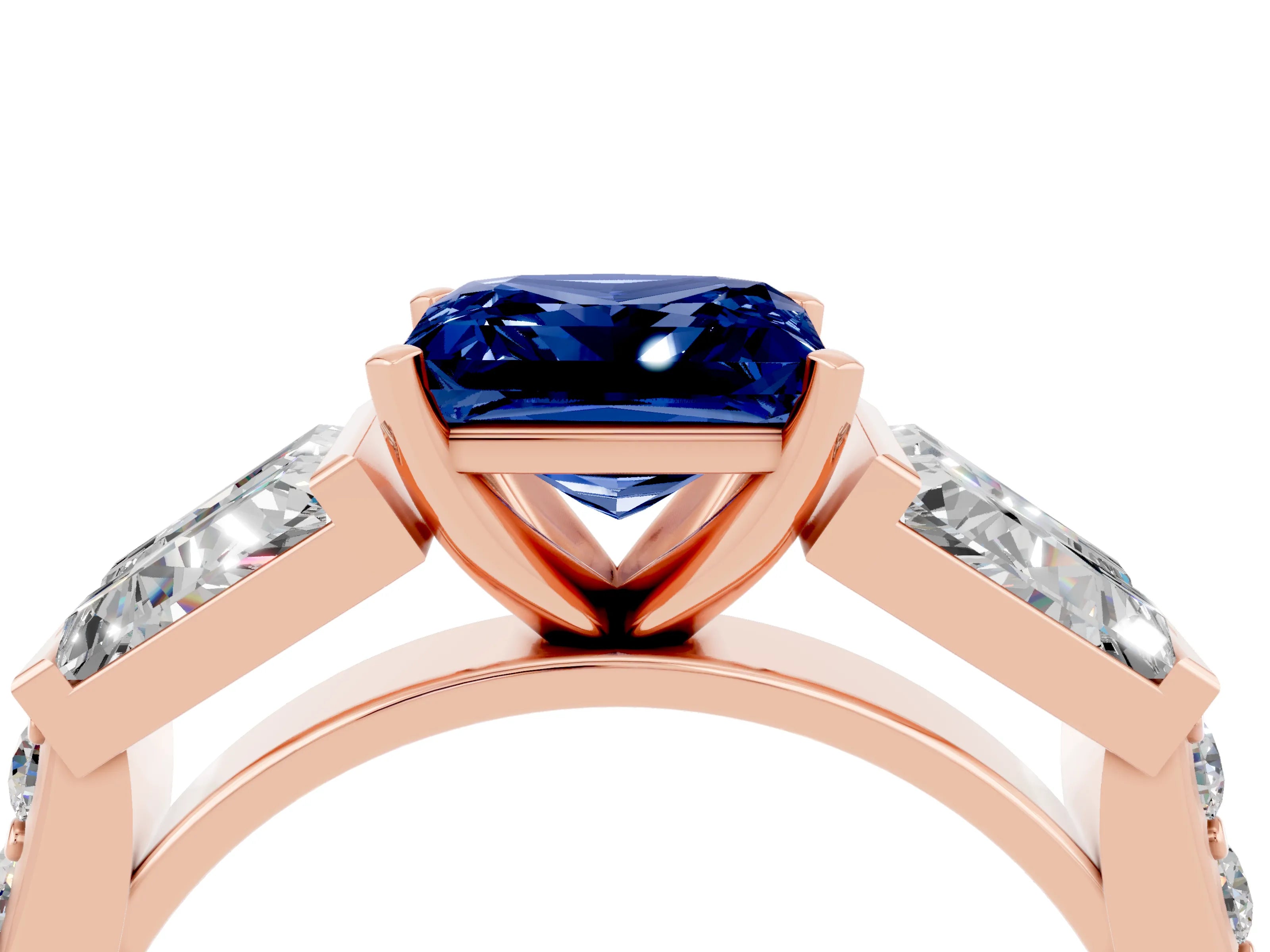 Rose gold Princess Cut Blue Sapphire Engagement Ring with Baguette Side Stones and Channel Set Band_4