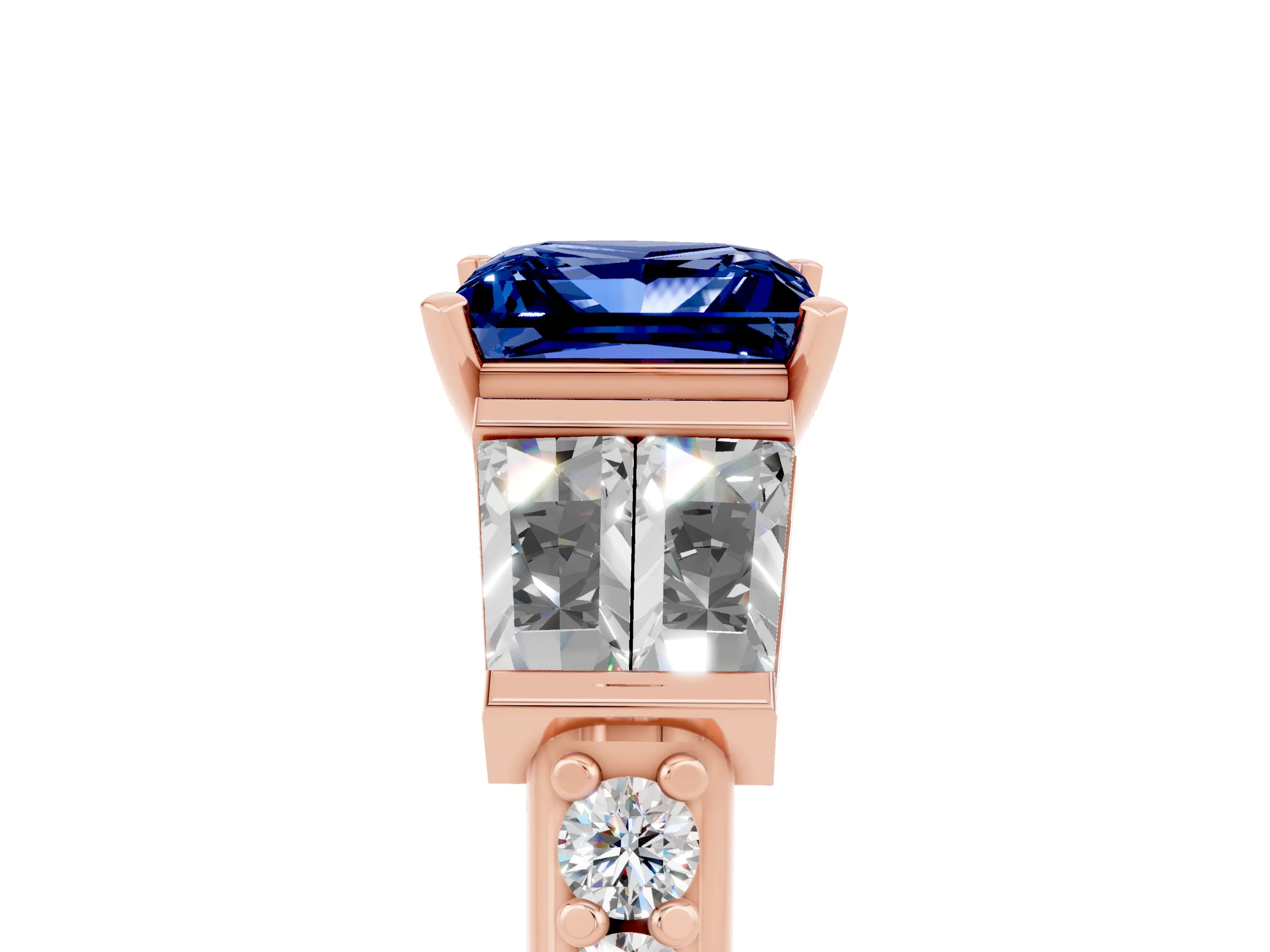 Rose gold Princess Cut Blue Sapphire Engagement Ring with Baguette Side Stones and Channel Set Band_5