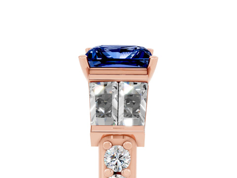 Rose gold Princess Cut Blue Sapphire Engagement Ring with Baguette Side Stones and Channel Set Band_5