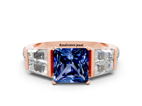 Rose gold Princess Cut Blue Sapphire Engagement Ring with Baguette Side Stones and Channel Set Band