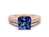 Rose gold Princess Cut Blue Sapphire Engagement Ring with Milgrain Channel Set Band and Prong Setting