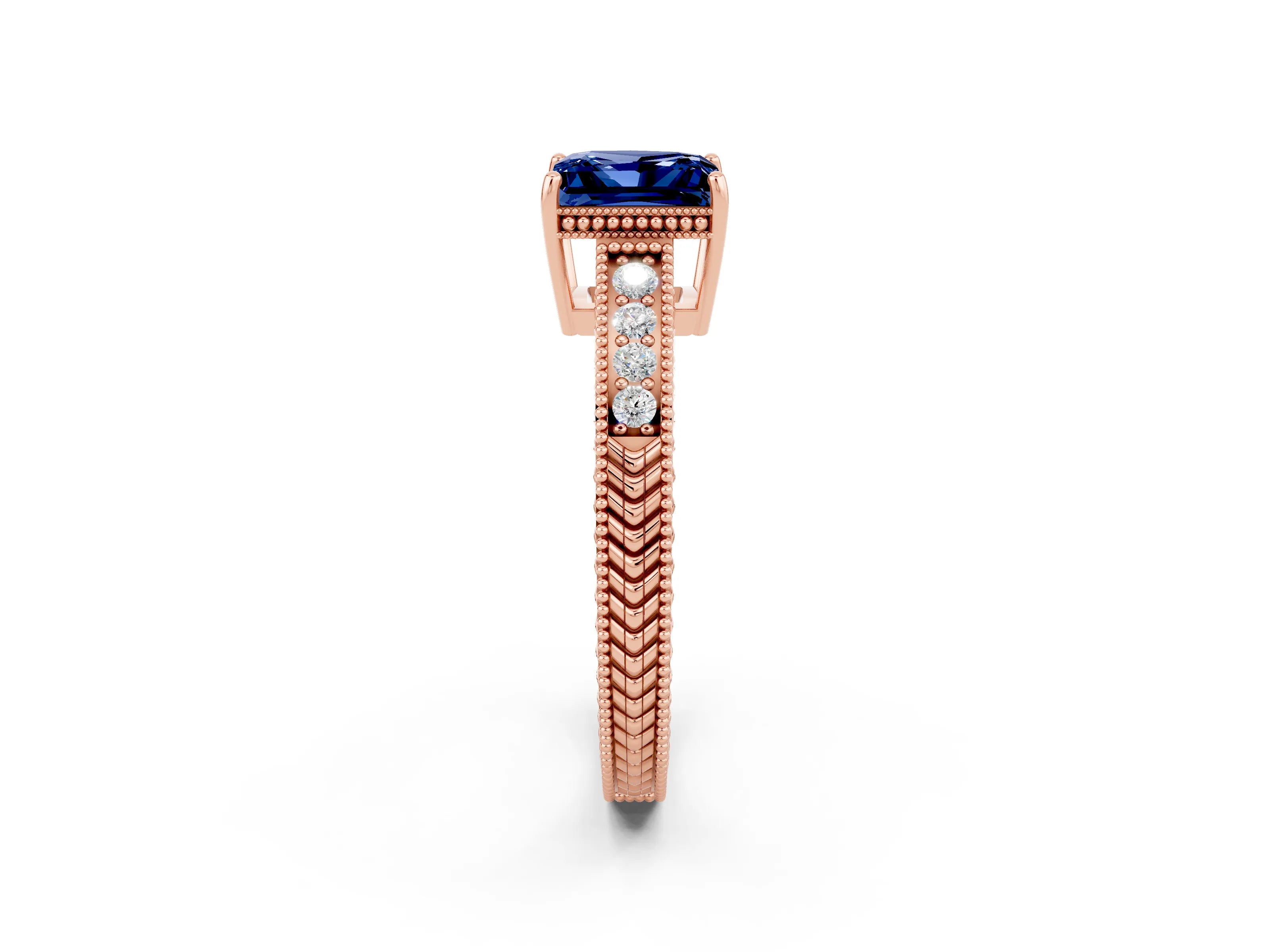 Rose gold Princess Cut Blue Sapphire Engagement Ring with Milgrain Channel Set Band and Prong Setting_2
