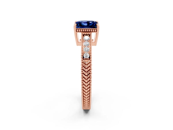 Rose gold Princess Cut Blue Sapphire Engagement Ring with Milgrain Channel Set Band and Prong Setting