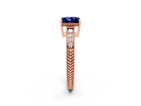 Rose gold Princess Cut Blue Sapphire Engagement Ring with Milgrain Channel Set Band and Prong Setting_2