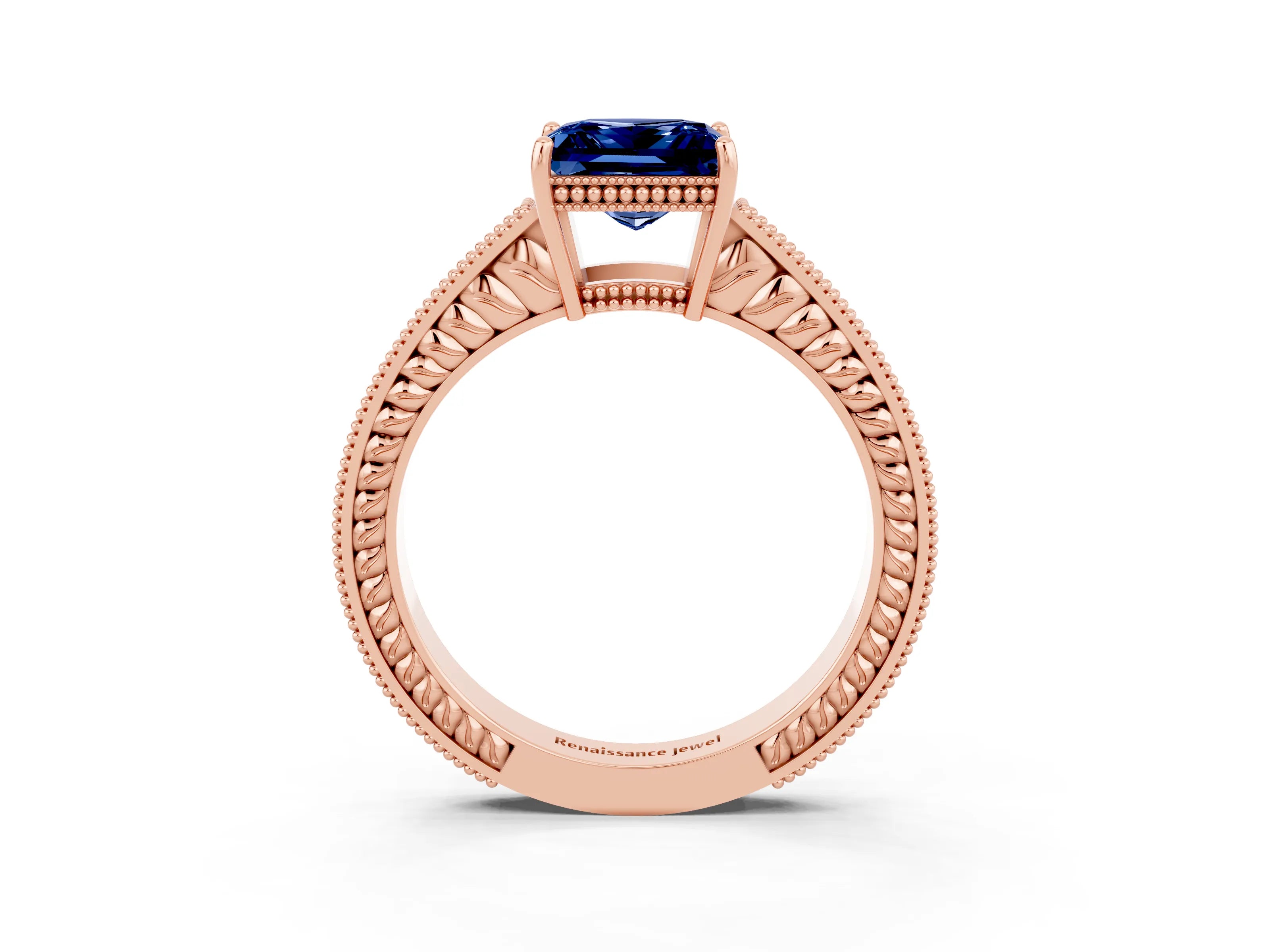 Rose gold Princess Cut Blue Sapphire Engagement Ring with Milgrain Channel Set Band and Prong Setting_3