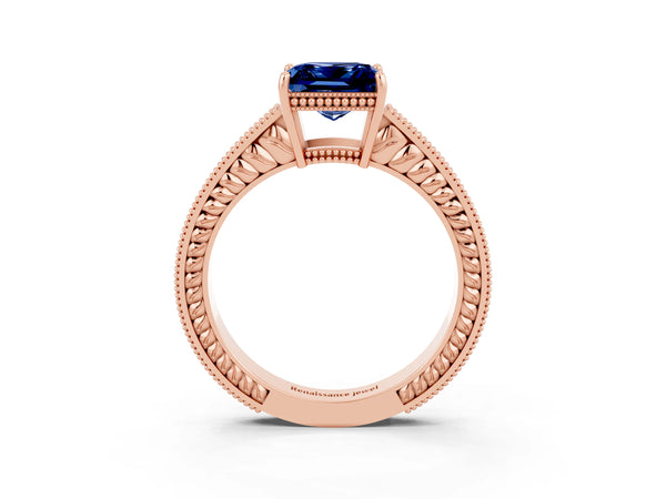 Rose gold Princess Cut Blue Sapphire Engagement Ring with Milgrain Channel Set Band and Prong Setting