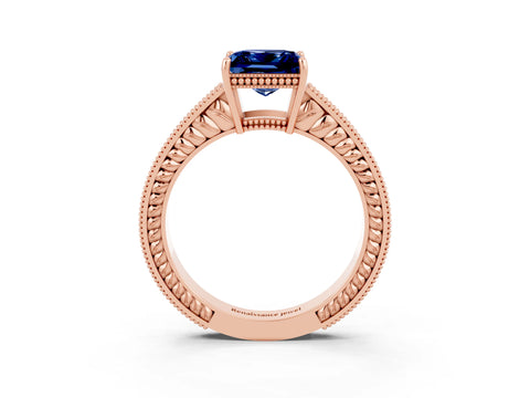 Rose gold Princess Cut Blue Sapphire Engagement Ring with Milgrain Channel Set Band and Prong Setting_3