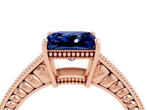 Rose gold Princess Cut Blue Sapphire Engagement Ring with Milgrain Channel Set Band and Prong Setting_4