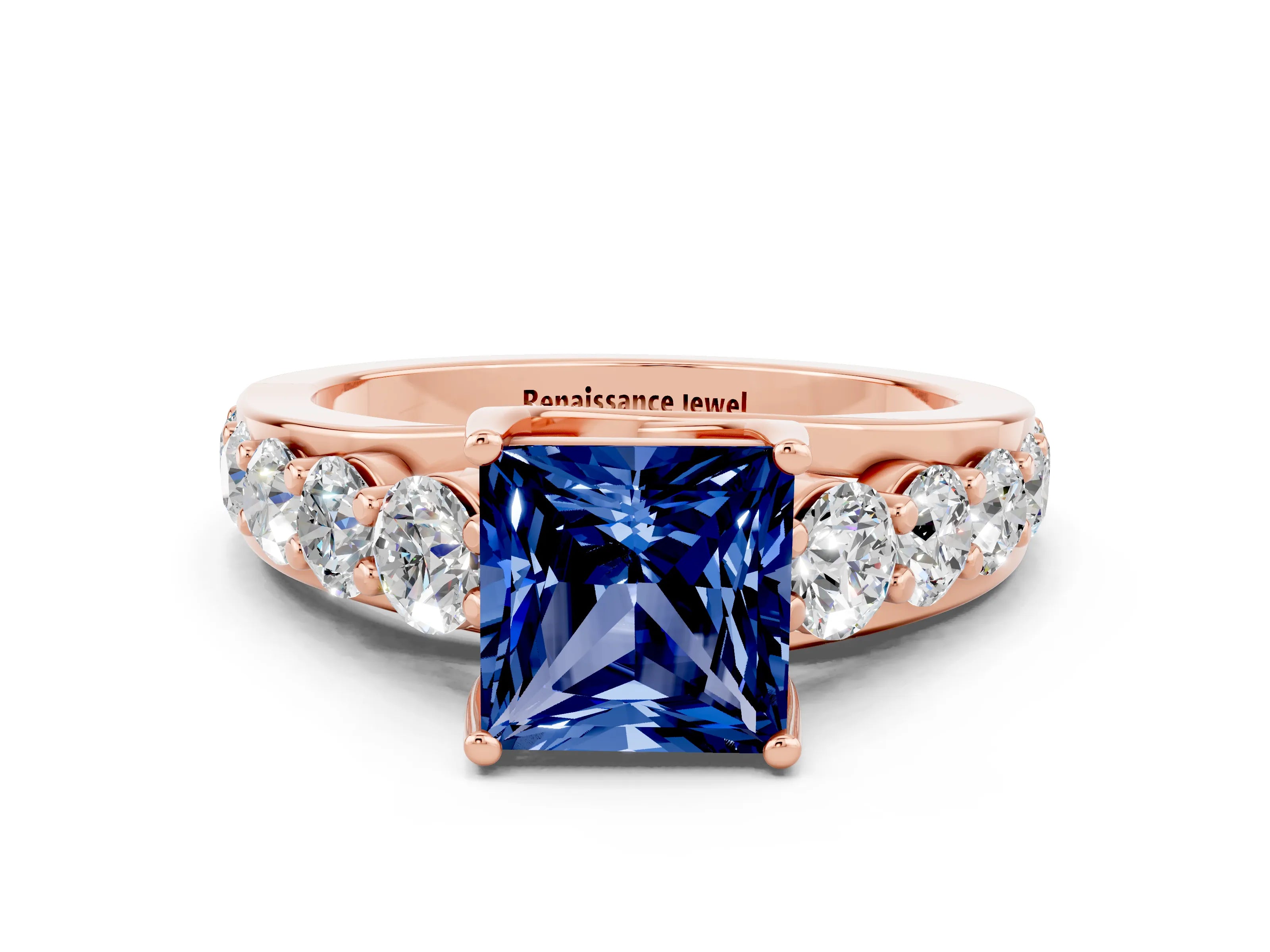Rose gold Princess Cut Blue Sapphire Engagement Ring with Pavé Band and Four-Prong Setting