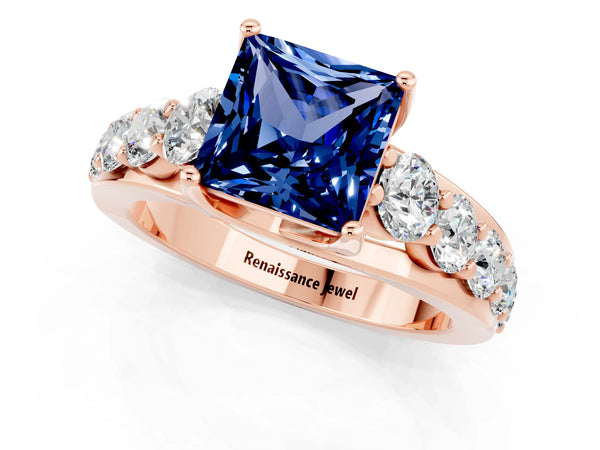Rose gold Princess Cut Blue Sapphire Engagement Ring with Pavé Band and Four-Prong Setting