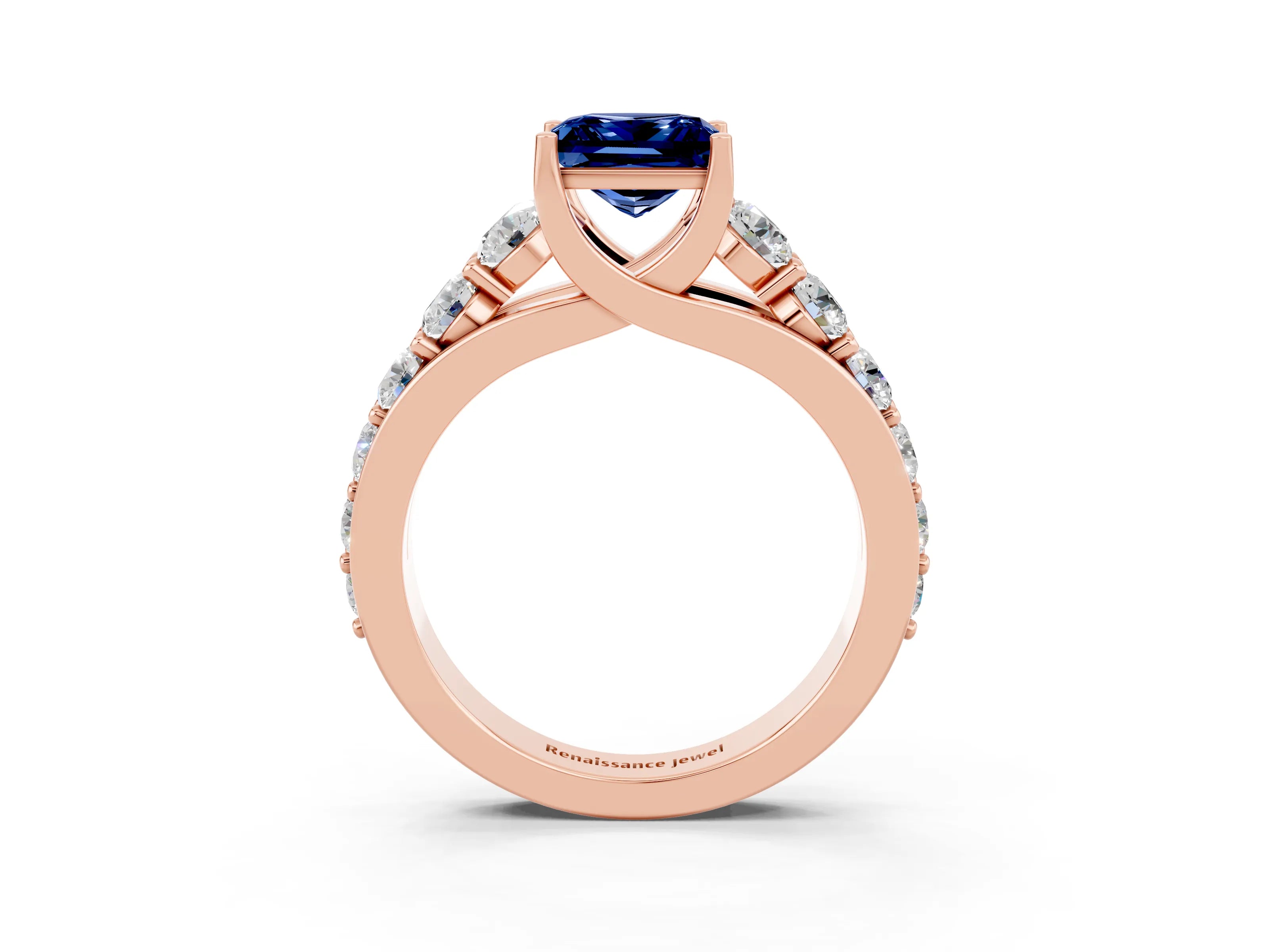 Rose gold Princess Cut Blue Sapphire Engagement Ring with Pavé Band and Four-Prong Setting_3