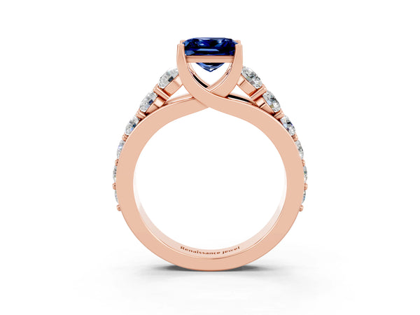 Rose gold Princess Cut Blue Sapphire Engagement Ring with Pavé Band and Four-Prong Setting