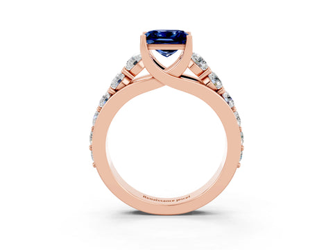 Rose gold Princess Cut Blue Sapphire Engagement Ring with Pavé Band and Four-Prong Setting_3
