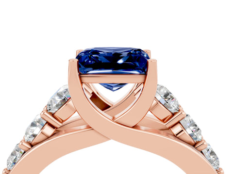 Rose gold Princess Cut Blue Sapphire Engagement Ring with Pavé Band and Four-Prong Setting_4