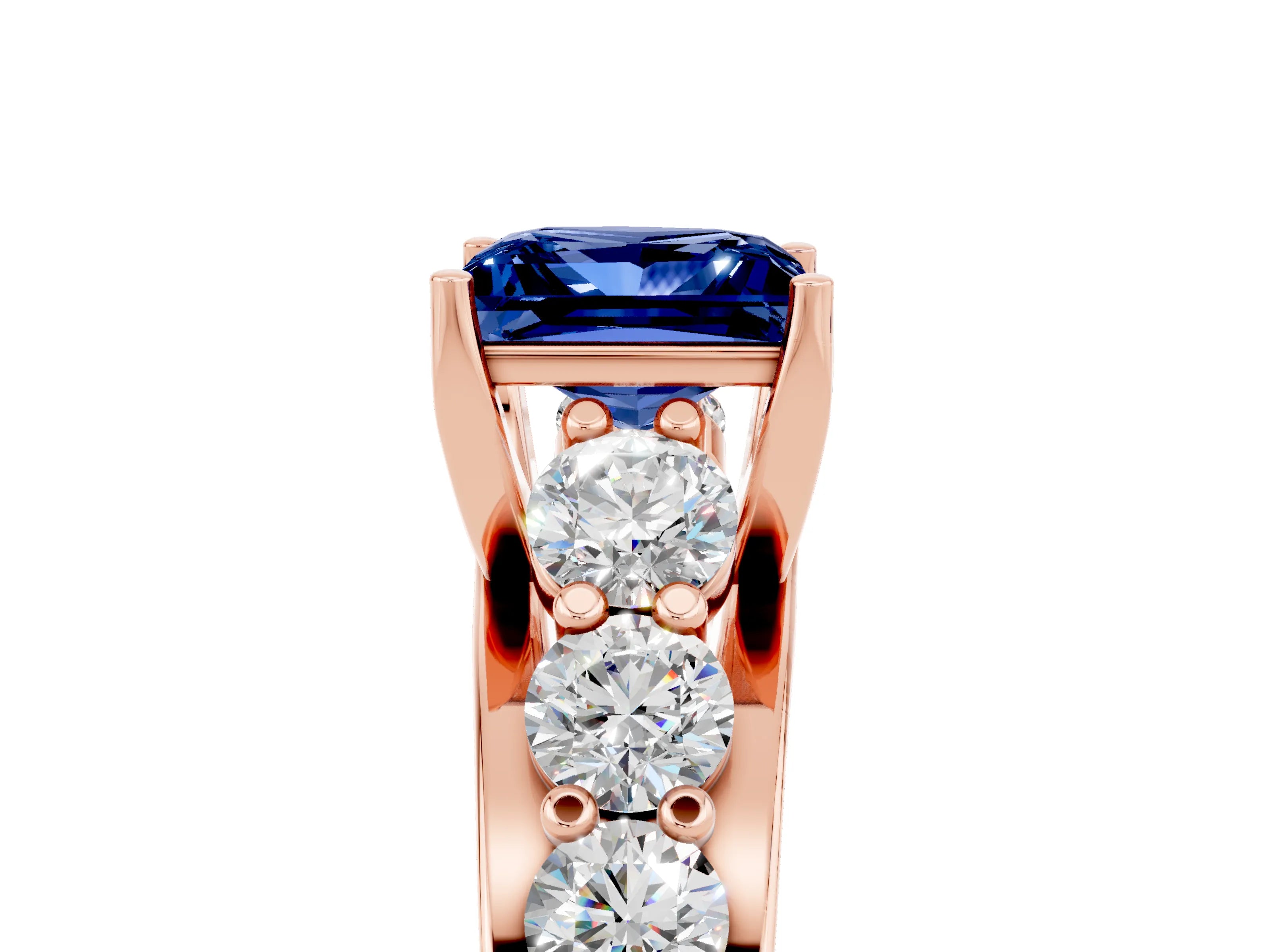 Rose gold Princess Cut Blue Sapphire Engagement Ring with Pavé Band and Four-Prong Setting_5