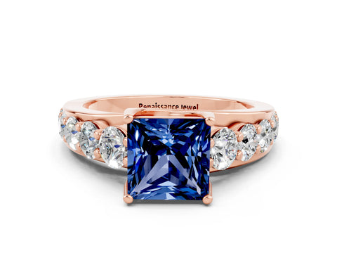 Rose gold Princess Cut Blue Sapphire Engagement Ring with Pavé Band and Four-Prong Setting