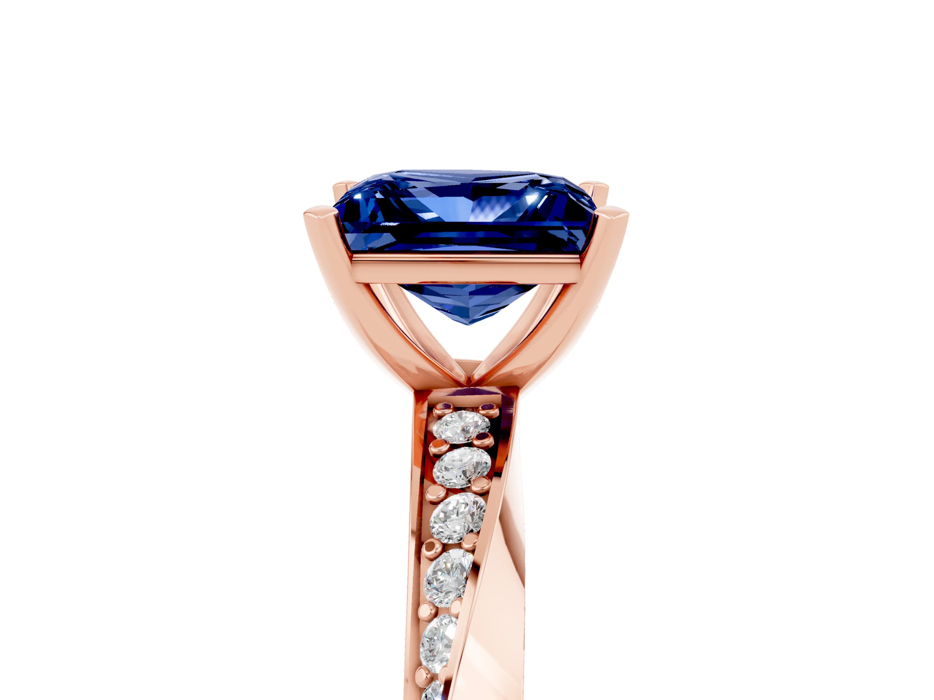 Rose gold Princess Cut Blue Sapphire Engagement Ring with Side Stone Accents and Four-Prong Setting_32
