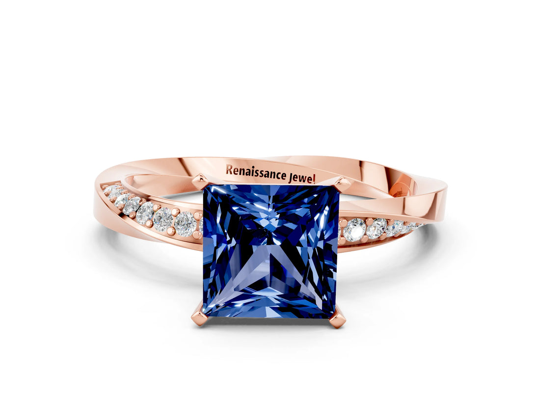 Rose gold Princess Cut Blue Sapphire Engagement Ring with Side Stone Accents and Four-Prong Setting_60