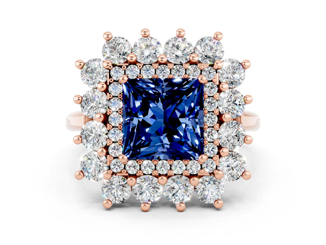 Rose gold Princess Cut Blue Sapphire Floral Double Halo Engagement Ring with Prong Setting_60