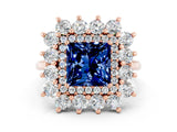 Rose gold Princess Cut Blue Sapphire Floral Double Halo Engagement Ring with Prong Setting_60